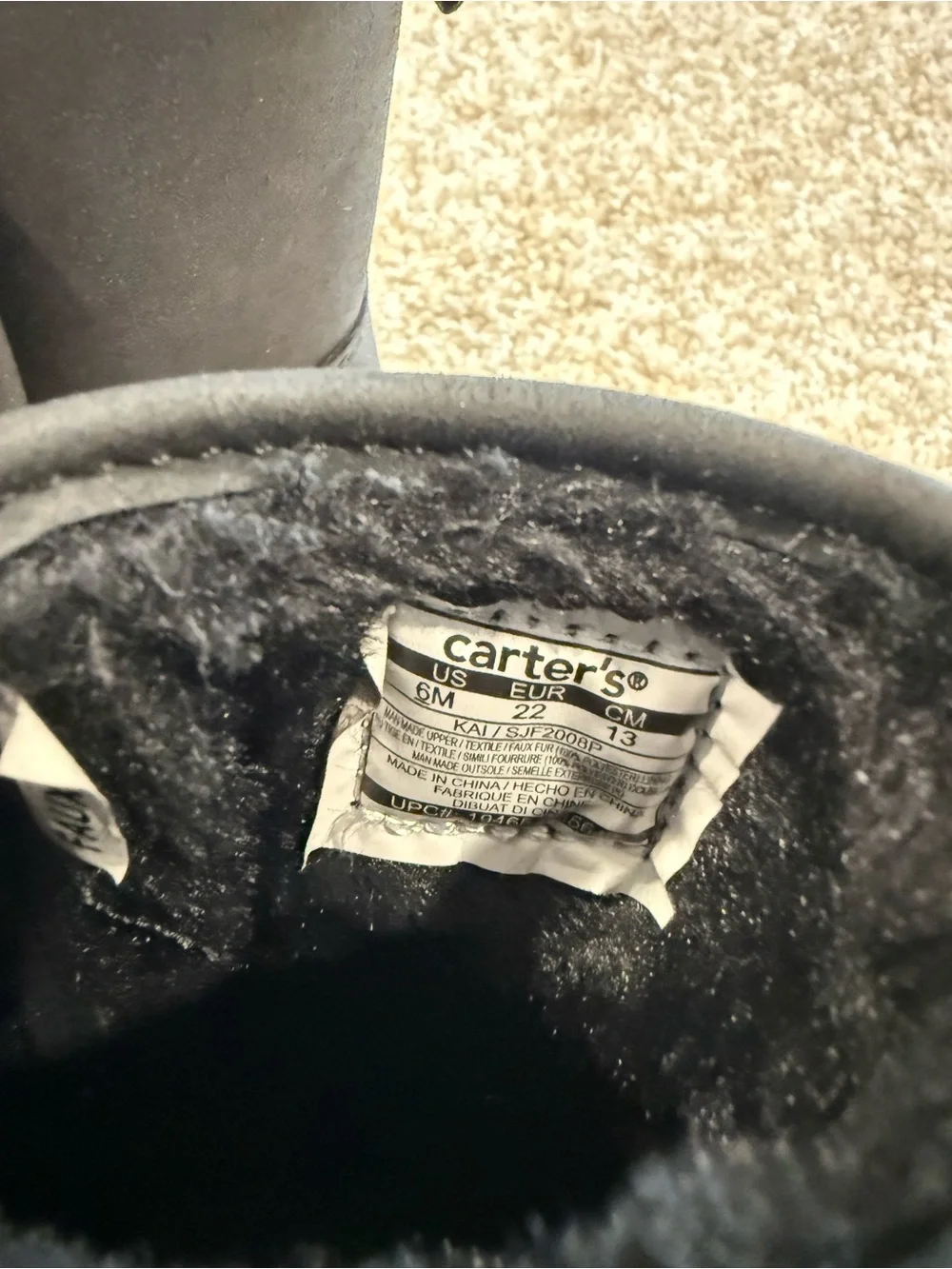 Carter's Black Plush-Lined Baby Boot